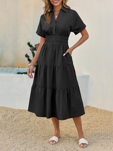 Wenrine Womens Summer Short Sleeve Maxi Dresses Casual V Neck Smocked Loose Tiered Flowy Shirt Dress with Pockets2