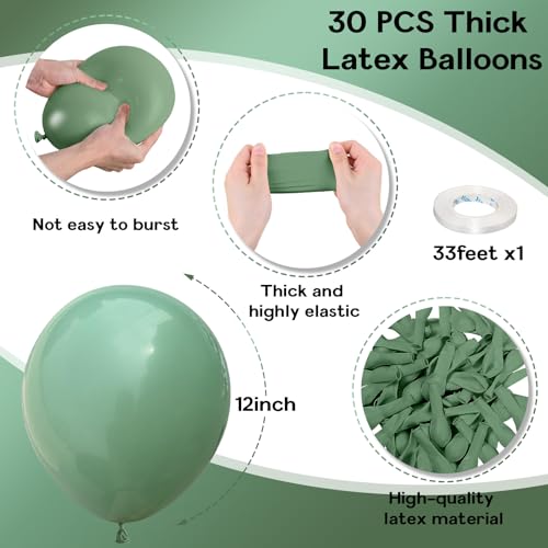 Image of Jobkoo Sage Green Balloons, 30 Pcs 12 Inch Eucalyptus Olive Vintage Green Helium Latex Balloons for Birthday Boho Baby Shower Wedding Party Decorations