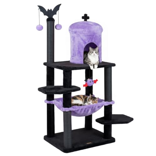PETSITE 51-inch Gothic Cat Tree Multi-Level Black Goth Cat Tower with Scratching Posts Church-Shaped Condo Cute Interactive Balls and Comfy Hammock Ideal for Indoor Cats and Kittens (Purple)