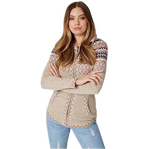 Izabel London Fairisle Zip Front Hooded Cardigan for Women UK with v-Neck Long Sleeves Pockets and Hip Length. Beige Cover