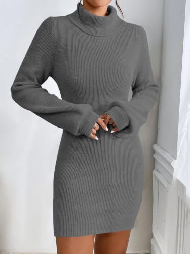 Image of Turtleneck Sweater Dress for Women Lantern Sleeve Mini Bodycon Ribbed Knit Sweater Pullover Short Dresses XS-XXL