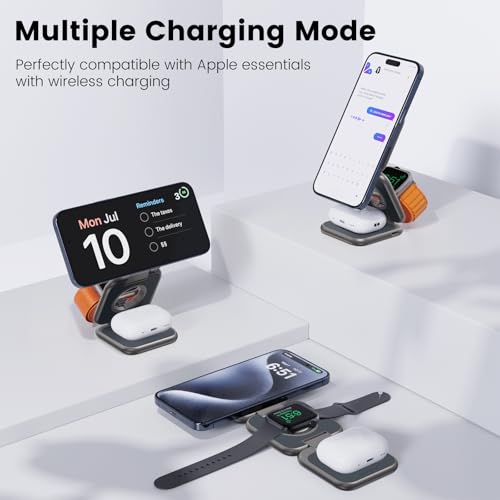 Image of Foldable Magnetic Wireless Charger, KU XIU X40 Plus Aluminum Alloy 3 in 1 Charging Station for Apple, Fast Mag-Safe Charger for iPhone 17 16 15 14 13 Series, 5W for iWatch, AirPods 3 /2 /Pro, Dark Gray