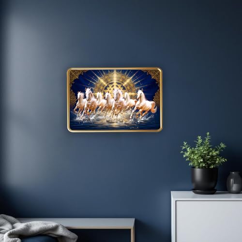 Image of Dharvika Innovations Vastu 7 Seven Running Horse Photo Frame, Golden Slim Frame, Sparkle Coated Lamination, 30x45 cm (Design 6)