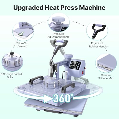 Image of Slendor 8 in 1 Heat Press Machine 15x15 inch 360-Degree Swing Away Digital T Shirt Pressing Machine Multifunction Heat Transfer Sublimation Combo for T Shirts Mugs Hat Plate Cap, Lavender
