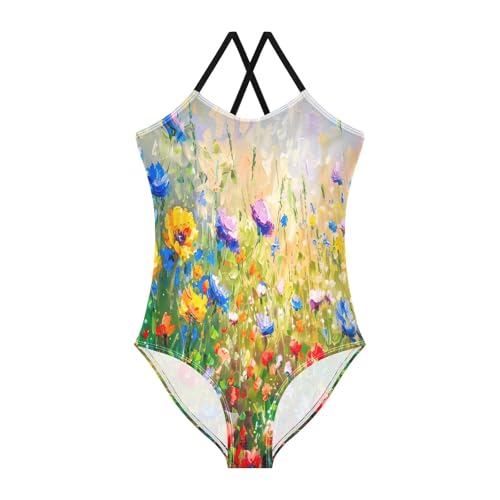 Girl Bathing Suits Beach Swim Suits Kids 3-10 Y with Adjustable Shoulder Strap, Painting Wild Flowers Spring