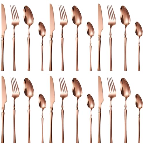 Image of aDai Rosegold Silverware Set | Satin Finish 24-Piece Korean Vintage Style Flatware Set | Dishwasher Safe Stainless Steel Cutlery for Home, Restaurant & Gifting