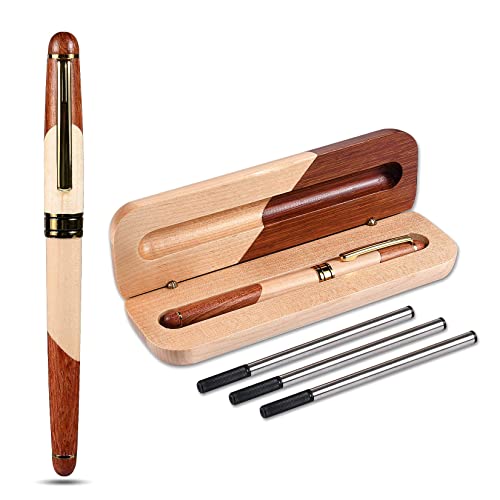 Funmo Stylo à bille cadeau-Stylo à bille en bois fait à la main,stylo cadeau personnalisé, 3 autres recharges d'encre noire supplémentaires,stylo cadeau élégant et exquis