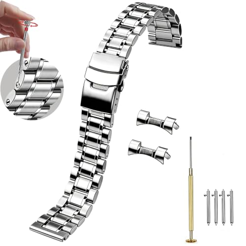 Image of Juntan 20mm 22mm Stainless Steel Watch Band Curved End Straight End for Men Women Metal Watch Bands Strap Quick Release Replacement Bracelet with Double Folding Buckle Silver