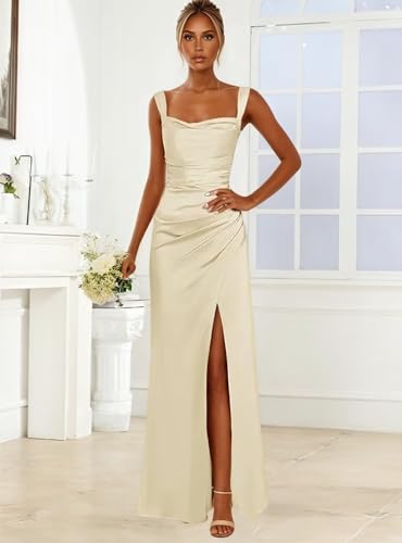 Eightale Satin Bridesmaid Dress Long with Slit Square Neck Ruched Formal Evening Gown4