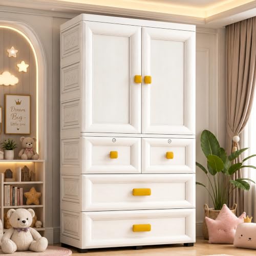Image of Kids Plastic Collapsible Wardrobe Organizer for Storage with Drawers | Cute Cartoon Design | Heavy Duty Runner Rug Floor Mat Carpets Organizer Bedroom, Living Room (White, 2+4-Door)