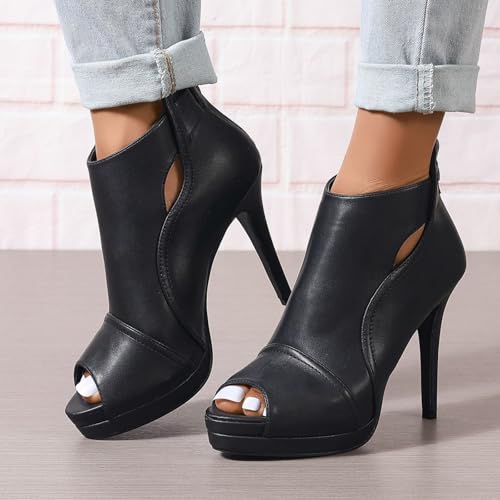Image of Open Toe Booties for Women Black High Stiletto Heels Open Toe Sexy Ankle Boot Fashion Heeled Sandals with Back Zipper, US Size 5-11