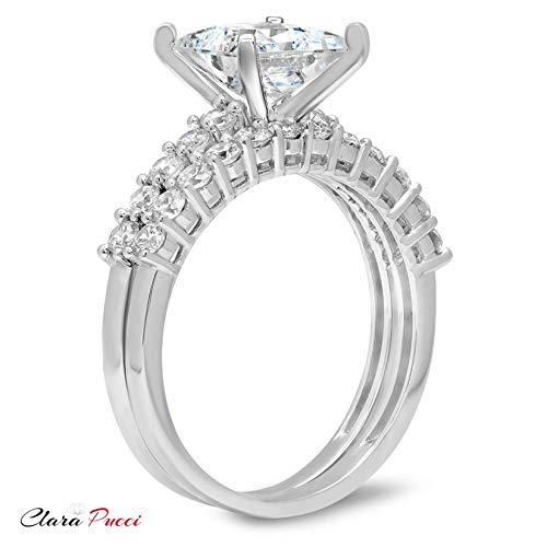 2.66Ct Princess Cut Pave Solitaire Accent Lab Created White Sapphire & Simulated Diamond Engagement Promise Statement Anniversary Bridal Wedding Ring Band Set Real Solid 14K White Gold Size 4.5 #TOP3