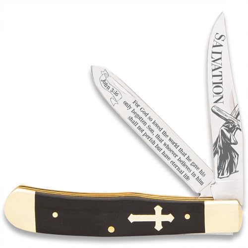 BUDK Salvation Trapper Pocket Knife - Black | Spiritual-Themed Design with Laser Etching | Mirror-Polished Stainless Steel Blades