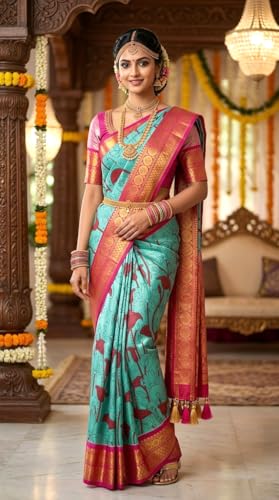 Image of VFCollections Women's Traditional Handloom Kalamkari Kanchipuram Silk Pattu Sarees | Rich Zari Woven Design | Bridal Saree | Unstitched Blouse