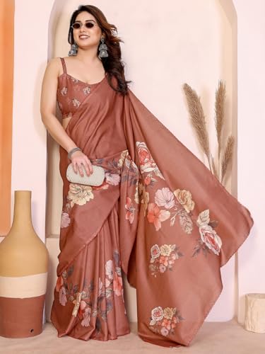 Image of Satrani Women's Tussar Silk Floral Printed Saree with Unstitched Blouse Piece