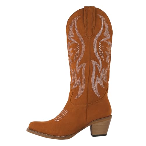 Image of LingxiaUne Cowboy Boots for Women Floral Cowgirl Boots with Pointed Toe and Chunky Heel Mid Calf Western Boot for Concert Festival Country Night Party
