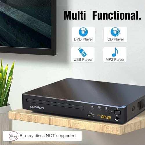 LP-099 DVD-Player für TV, Region-Free DVD Player CD Player mit HDMI-Anschluss (1080p Upscaling), HDMI AV-Ausgang, USB-Eingang, alle Regionen frei integriertes PAL NTSC-System (LP-099)