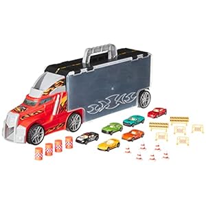Amazon-Basics-Toy-Car-Carrier-Truck-With-Storage-For-Kids-Ages-3-and-Up-6-Pieces-Diecast-Vehicles-16-Accessories-Multicolor