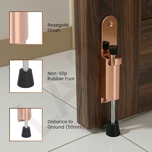 Image of LAPO Heavy Duty Extendable Door Holder for Home Furniture, Spring Mechanism Stopper with Push Type, Anti Slip Rubber Base, Easy DIY Installation, 3 Years Warranty (Rose Gold Finish, Pack of 1)