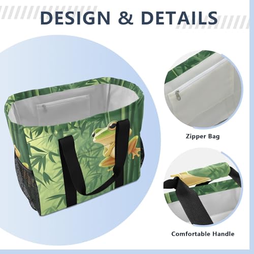 Large Waterproof Travel Tote Bag for Women Men, Cartoon Frog Forest Canvas Beach Bag with Lining & Pockets - Reusable Grocery/Laundry/Kitchen/Pool/Picnic Tote (15.4x9.8x12.8in)4
