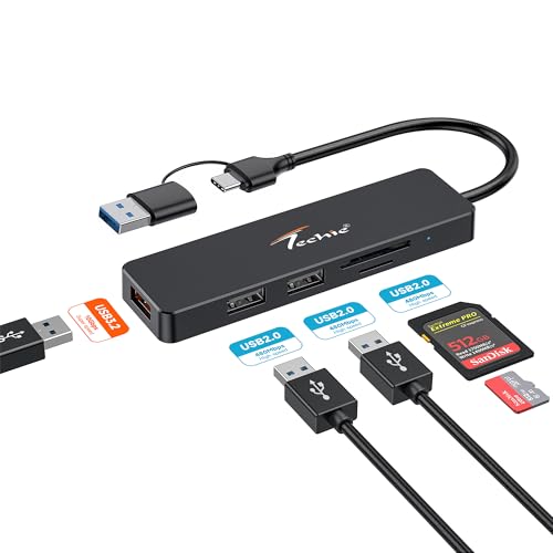 Image of Techie USB-C to USB-A 3.2 Hub with 2x USB 2.0 Ports and SD /TF Card Reader Dual Input Adapter for MacBook, iPad Pro, Windows, Laptops and Tablets (Black)
