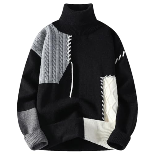 Men’S Patchwork Turtleneck Knitted Pullover Sweater Warm Fashion Streetwear Long Sleeve Thick Jumper Top