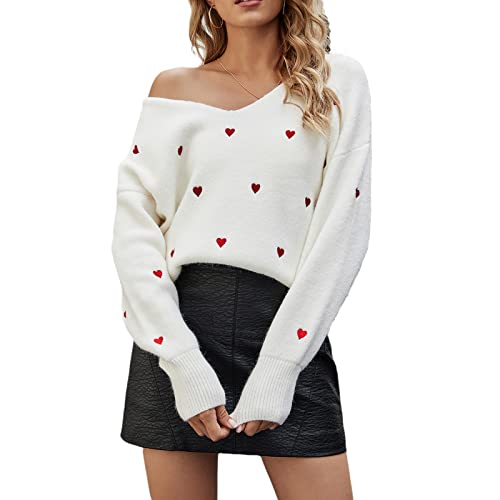 Women Cute Valentine Heart Graphic Jumper V-Neck Embroidery Knitted Loose Pullover Sweater Tops