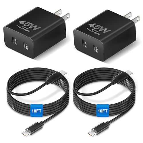 2 Pack 2Port 45W Super Fast Charger Type C with 10FT USB C Cable Fast Charging for Samsung Galaxy S25 Ultra/S24+/S23/S22/S21/S20/Note10/20,Tab S10/S9/S8/A9,for iPhone 16/15,45 Watt Android Charger