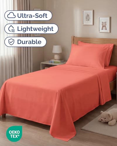 Image of Twin 4 Piece Bed Sheet Set - Comfy, Breathable & Cooling Sheets - Coral | Ultra Soft Hotel Luxury Bedding Set with 8-16 Inch Deep Pockets, 1 Flat & 1 Fitted Sheet & 2 Pillowcases, Wrinkle & Fade Free