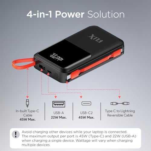 Image of FLiX UltraCharge XPB-P45 20,000mAh 45W QC Power Delivery PPS Power Bank, in-Built Type C & Lightning Fast Charging Cables, LED for Charging Percentage with Amp and Volt Display (Black)