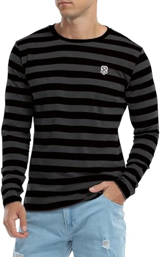 Image of KESIHAN Men's Casual Striped Shirts Crewneck Long Sleeve Basic T-Shirt Basic Daily Work Stripe Tee Tops