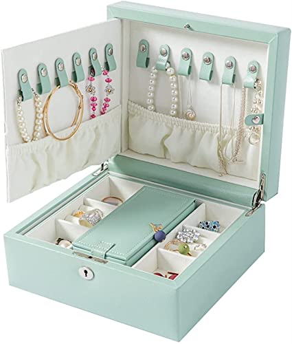 KWMAEEUID Joyero de Viaje de 2 Niveles, Gran Capacidad, Organizador de Joyas de Cuero sintético con Espejo y Cerradura, Caja de Almacenamiento para Pendientes, Anillos y Collares, Regalo