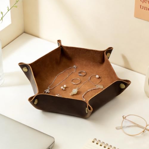 Image of boshiho Valet Tray for Men, Leather Jewelry Catchall Key Phone Coin Box Change Caddy Bedside Storage Box (Chocolate)