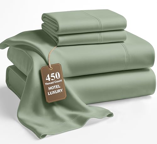 Lane Linen Queen Bed Sheet Set – 450 Thread Count Cooling Sheets Queen Size, 100% Cotton, Soft Comfort for Restful Sleep, Easy Machine Washable, Sateen Finish, Snug Fit 15' Deep Pocket – Iceberg Green