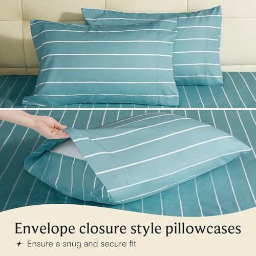 Image of LuxClub 4 PC Full Size Sheet Set, Breathable Luxury Bed Sheets, Deep Pockets 18 inch Wrinkle Free Cooling Machine Washable Hotel Bedding (Striped Light Blue)