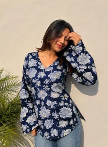 Image of Women Rayon Printed Short Kurti for Women | Floral V Neck Short Kurta Top | Full Sleeve Casual Kurti for Girls & Women