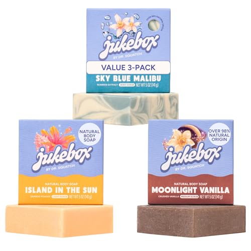 JUKEBOX Natural Womens Bar Soap Creamy Lather Shower & Bath Soap Crafted Using Cold Process With Natural Oils Sky Blue Malibu + Island in the Sun + Moonlight Vanilla 5oz (3-Pack)