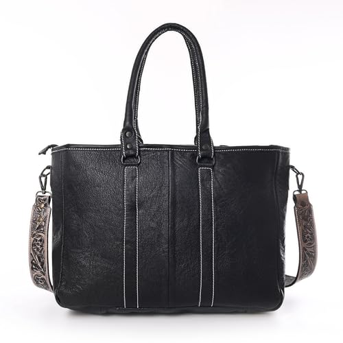 Image of Merbaa Western Cowhide Hairon Leather Tote Bag for Women With Adjustable Tooled Shoulder Strap Leather Purse