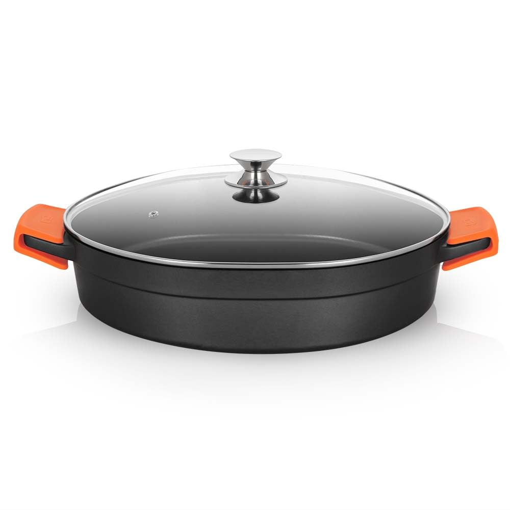 Orbegozo CDB 1040 Cacerola Baja Aluminio Forjado, 10.5 L, Superficie Antiadherente Libre de PFOA, Asas de Silicona, Tapa de Cristal Templado