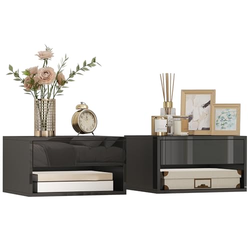 HOMCOM Lot de 2 Tables de Chevet murales, Tables de Nuit suspendues avec tiroir Coulissant, Compartiment Ouvert, Plateau, Style Moderne, 37 x 32 x 21 cm, Noir