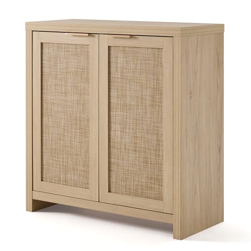 Image of OAKHAM HOME Rattan Sideboard Buffet Cabinet with Storage, Boho Farmhouse Credenza with Adjustable Shelves, Decorative Coffee Bar Cabinet for Kitchen, Living Room & Entryway Organization, Light Oak | Buffet Cabinet with 2 Soft-Close Doors, Adjustable Shelves and 110 lbs Top, For Living Room, Kitchen, Entryway
