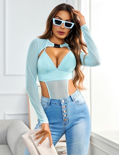 Image of Avidlove Rave Outfits for Women Festival Sexy Lingerie Bodysuit 2 Piece | Buckle shrug crop top halter bodysuit set, snap closure, breathable mesh, for concerts and club nights