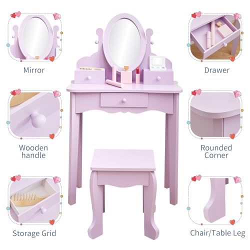 GarveeHome Girls' Vanity Set with Mirror, Makeup Table and Stool for Kids, Wood Dressup Playset for 4-9, Purple