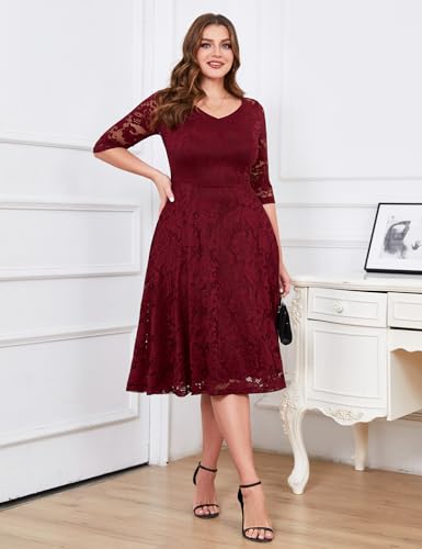 Image of Dressystar Womens Long-Sleeve Wedding Guest Dress A-Line Lace Formal Party Cocktail Midi Dress Prom Gown