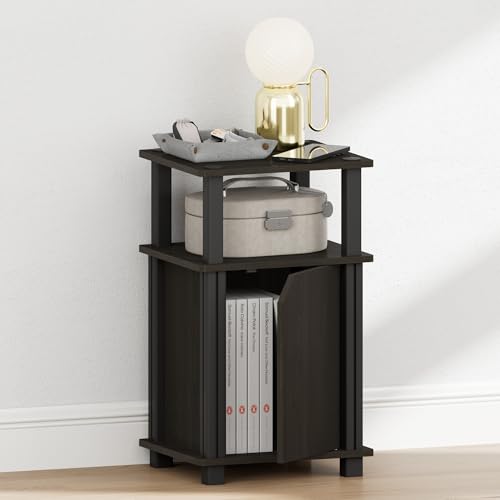 Image of Furinno JUST Night Stand, 3-Tier Nightstand with Door Cabinet, Side Table, End Table with Open Shelf, for Living Room, Bedroom, Espresso