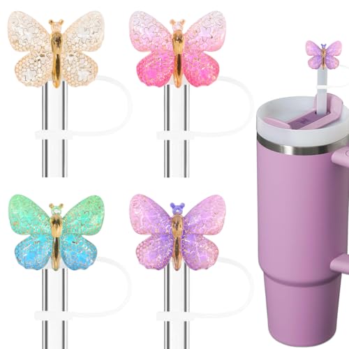 Amreich Butterfly Glitter Straw Covers - 4PCs Bling Straw Toppers for Stanley Quencher H2.0 30oz & 40oz Tumblers 10mm Reusable Silicone Accessories for All Ages