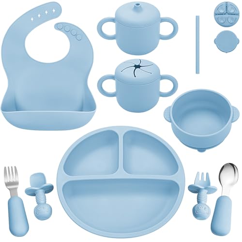 Image of Bufims Silicone Baby Feeding Set, Baby Led Weaning Supplies, Eating Essentials Utensils with Suction Plate and Bowl, Pocket Bib, Sippy Cup with Lid, Forks Spoons Snack Container, for 6+ Months, Blue