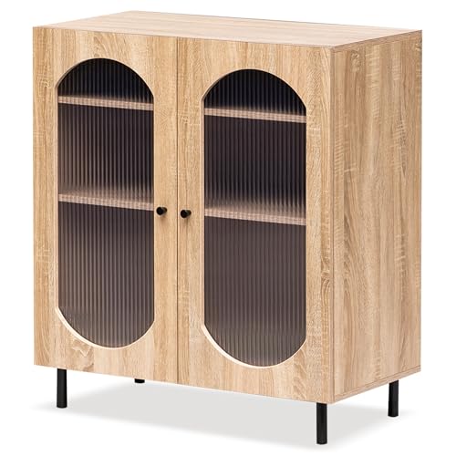 Image of Rocco Stellar Bookshelf with Auto LED Lights & Acrylic Fluted Doors | Engineered Wood Bookcase | Adjustable Shelves, Scratch-Resistant | Living Room, Library & Office (Oak, Medium Size)