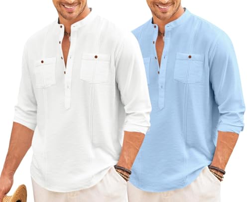 Image of Macsivo Combo of Men's Regular Fit Cotton Blend Solid Casual Short Kurta with Mandarin Collar and Pockets Kurta Pack of 2