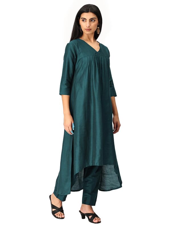 INAKSHINITeal Green Cotton Silk Suhana High Kurta Pant Co-ord Set for Women - 2-Piece Solid Kurti with Short Sleeves V-Neck & Straight Pants Set - Soft Comfortable Breathable Stylish Indian Wear (S)